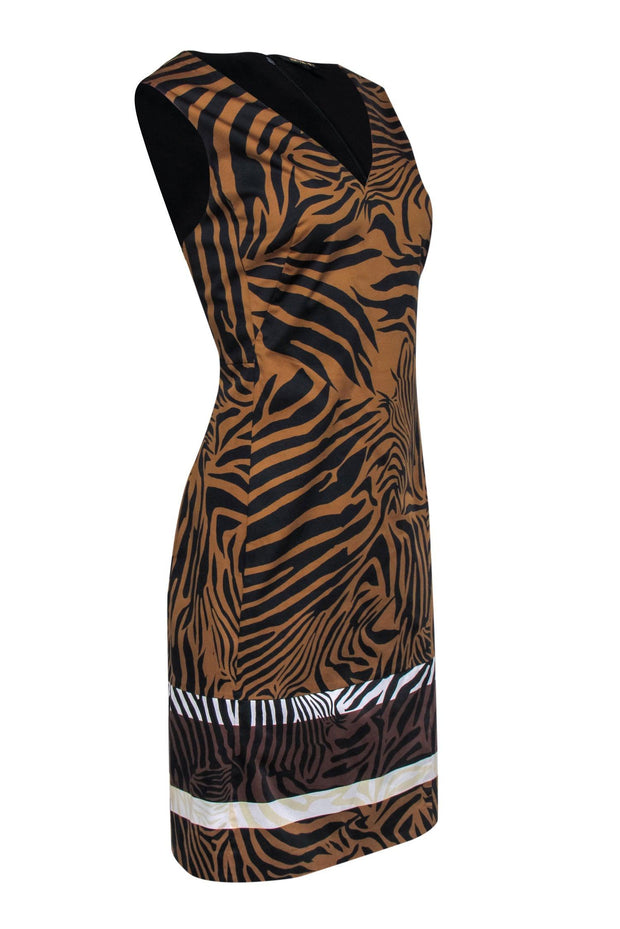 Current Boutique-Kobi Halperin - Brown & Black Zebra Print Sleeveless Sheath Dress w/ Colorblocked Hem Sz L