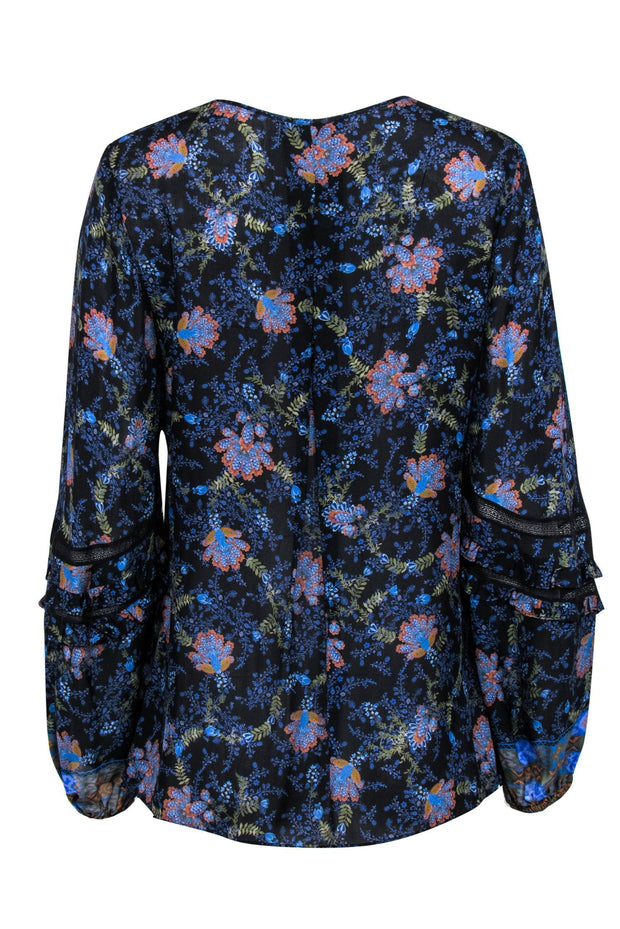 Current Boutique-Kobi Halperin - Navy Floral Print “Brynn” Blouse w/ Lace & Ruffled Trim Sz M