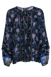 Current Boutique-Kobi Halperin - Navy Floral Print “Brynn” Blouse w/ Lace & Ruffled Trim Sz M