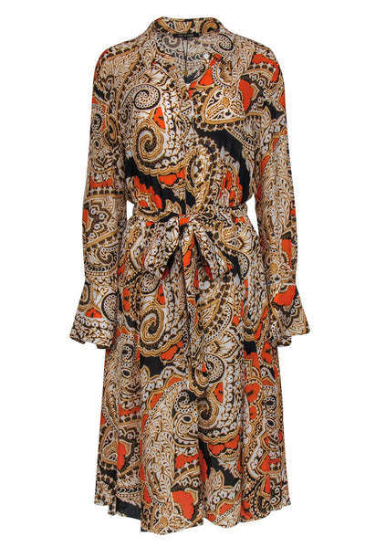 Current Boutique-Kobi Halperin - Orange & Black Print Belted Shirtdress Sz L