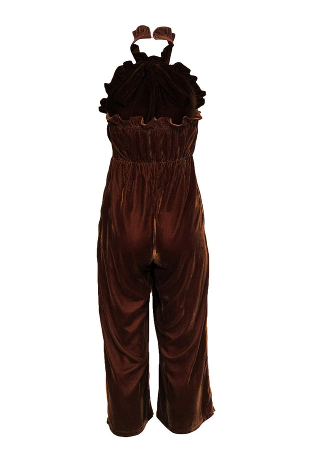 Current Boutique-Kristinit - Golden Brown Velvet Wide Leg Jumpsuit w/ Ruffles Sz XS