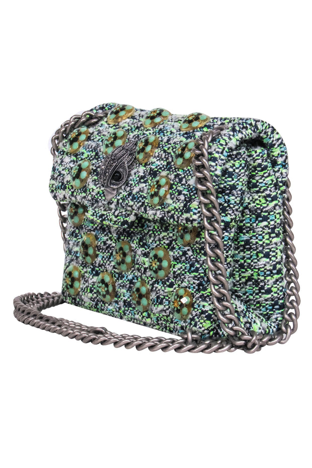 Current Boutique-Kurt Geiger - Mint & Navy Tweed Crossbody w/ Flower Embellishments