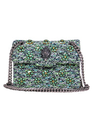 Current Boutique-Kurt Geiger - Mint & Navy Tweed Crossbody w/ Flower Embellishments