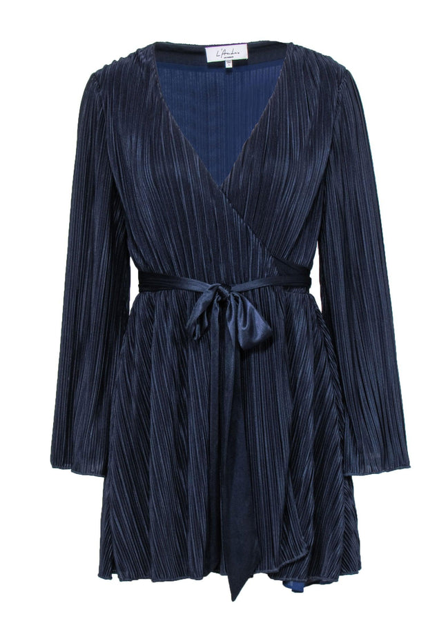 Current Boutique-L'Acadamie - Navy Pleated Wrap Mini Long Sleeve Dress w/ Waist Tie Sz S