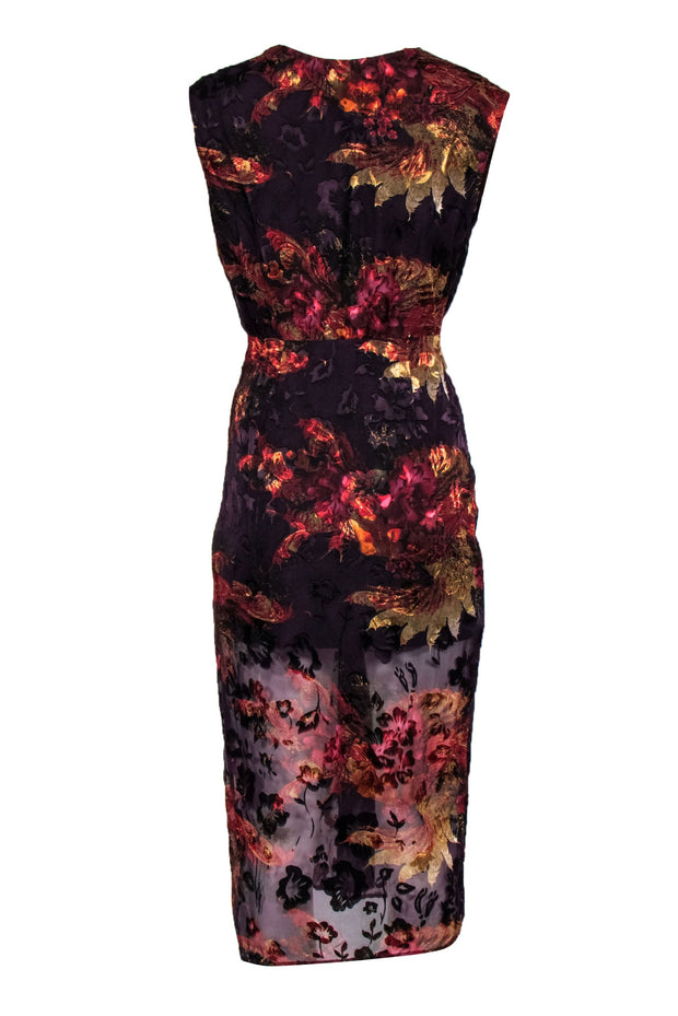 Current Boutique-L'Academie - Deep Purple, Maroon & Orange Textured Velvet Floral "Majorelle" Dress Sz S