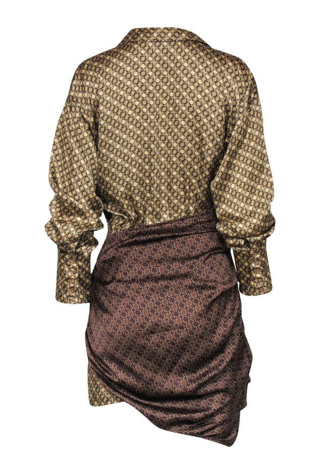 Current Boutique-L'Academie - Gold & Brown Print Satin Mini Shirtdress w/ Tie Wrap Contrast Overlay Sz M