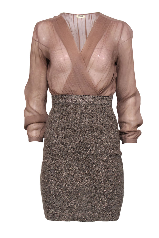 Current Boutique-L'Agence - Beige Long Sleeve Surplice Sheath Dress w/ Metallic Boucle Skirt Sz 2