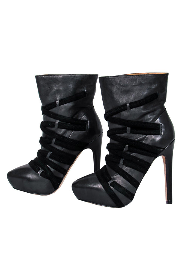 Current Boutique-L.A.M.B. - Black Leather Platform Stiletto Ankle Booties w/ Crisscross Design Sz 6