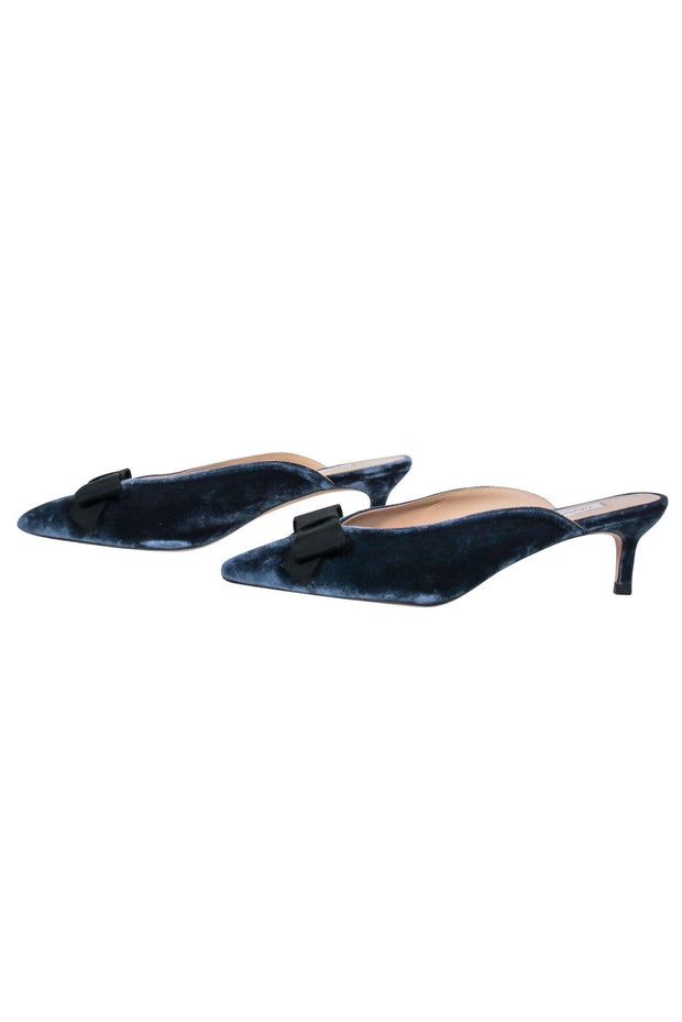 Current Boutique-L.K. Bennett - Dark Blue Velvet Mule-Style "Seren" Kitten Heels w/ Bow Sz 8