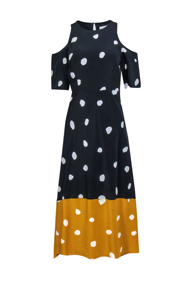 Current Boutique-L.K. Bennett - Navy, Mustard & White Polka Dot Cold Shoulder High-Low Maxi Dress Sz 4