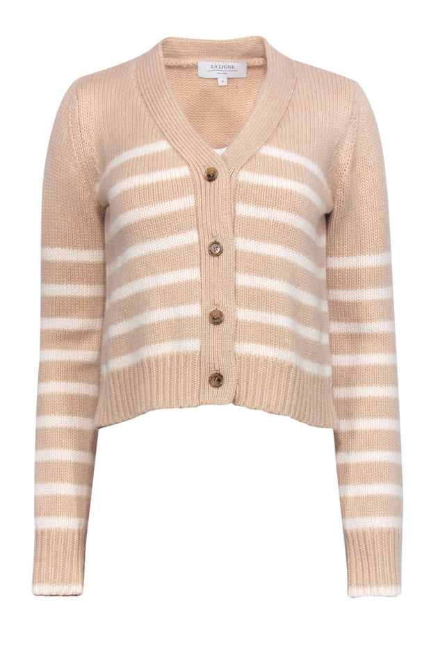 Current Boutique-La Ligne - Peach & White Striped Cropped Wool Blend Cardigan Sz S