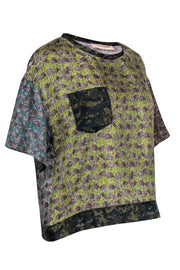 Current Boutique-La Prestic Ouiston - Green Camo & Ballerina Print Boxy Silk Blouse Sz S