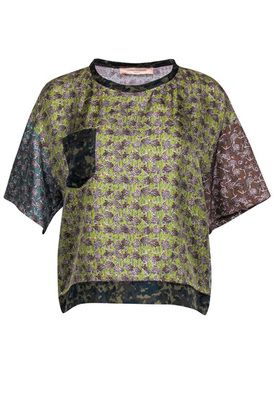 Current Boutique-La Prestic Ouiston - Green Camo & Ballerina Print Boxy Silk Blouse Sz S