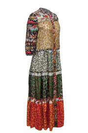 Current Boutique-La Prestic Ouiston - Green, Yellow & Red Print Silk Midi Dress w/ Tiered Skirt Sz S