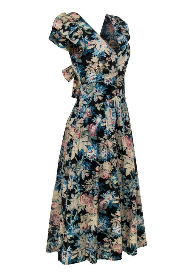 Current Boutique-La Vie Rebecca Taylor - Black, Beige & Blue Floral Print Cap Sleeve Maxi Dress Sz XS