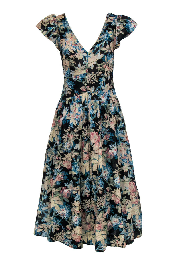 Current Boutique-La Vie Rebecca Taylor - Black, Beige & Blue Floral Print Cap Sleeve Maxi Dress Sz XS