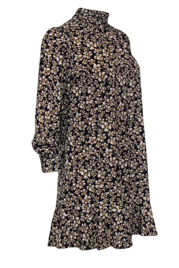 Current Boutique-La Vie Rebecca Taylor - Black, Beige & Yellow Floral Print Mock Turtleneck Shift Dress Sz XS