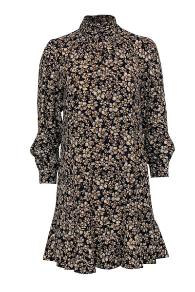 Current Boutique-La Vie Rebecca Taylor - Black, Beige & Yellow Floral Print Mock Turtleneck Shift Dress Sz XS