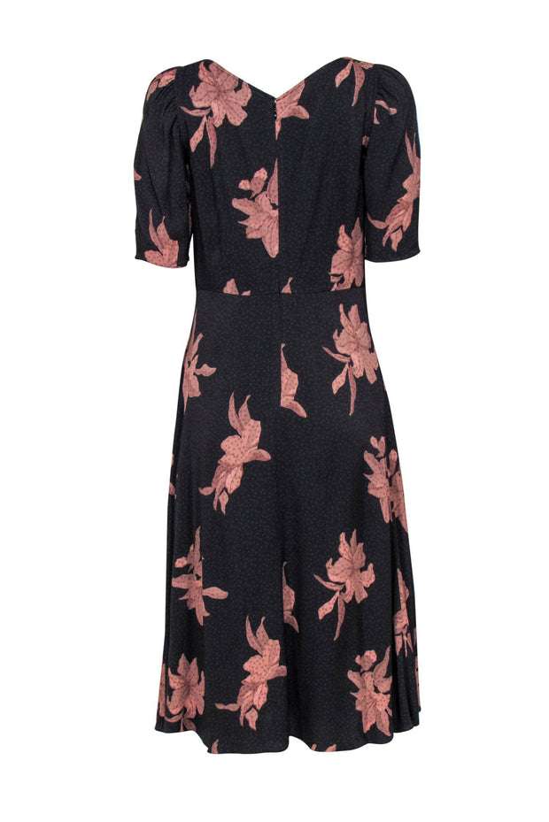 Current Boutique-La Vie Rebecca Taylor - Dark Grey & Pink Floral Print Puff Sleeve Midi Dress Sz M