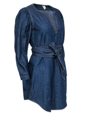 Current Boutique-La Vie Rebecca Taylor - Dark Wash Denim Puff Sleeve Belted Shift Dress Sz M