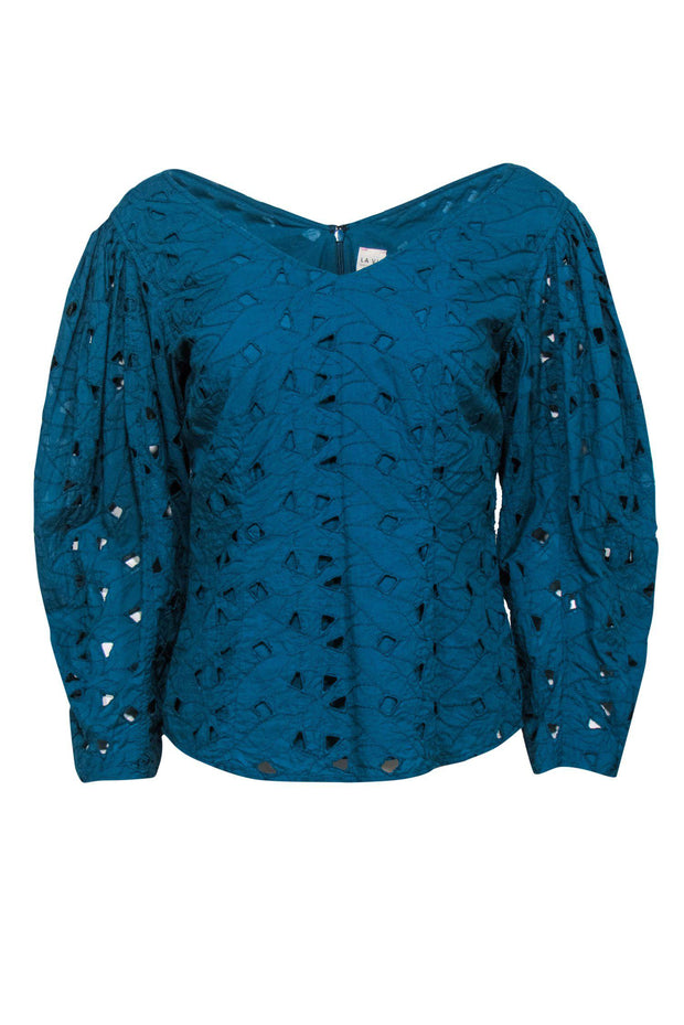 Current Boutique-La Vie Rebecca Taylor - Teal Cotton Triangle Eyelet Blouse Sz S