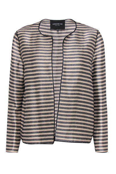 Current Boutique-Lafayette 148 - Beige & Black Striped Stitched Sequin Jacket Sz M