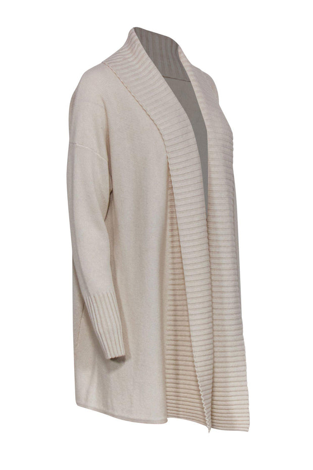 Current Boutique-Lafayette 148 - Beige Cashmere Ribbed Trim Open Front Cardigan Sz M