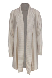 Current Boutique-Lafayette 148 - Beige Cashmere Ribbed Trim Open Front Cardigan Sz M