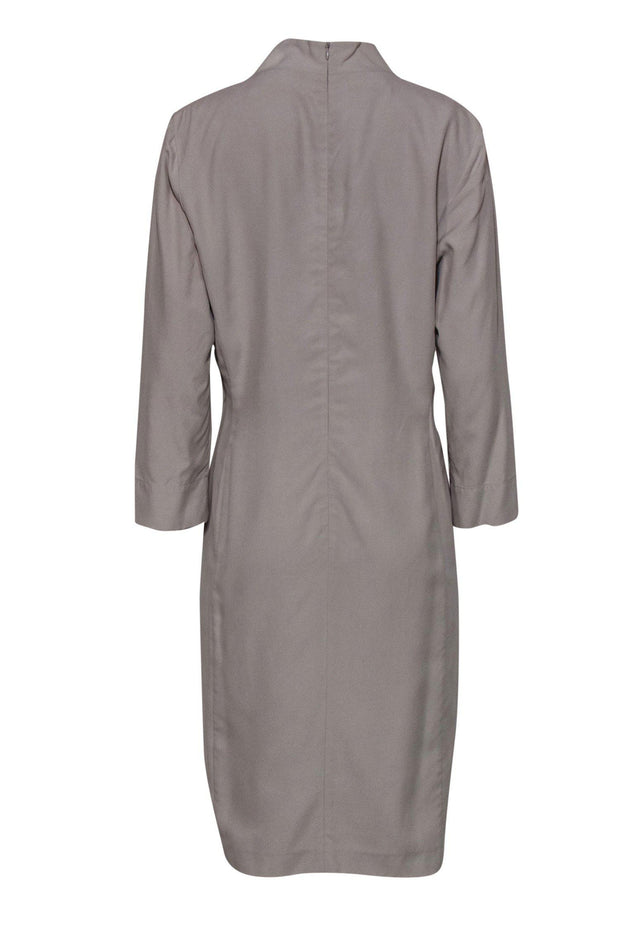 Current Boutique-Lafayette 148 - Beige Silk Long Sleeve Faux Wrap Dress Sz 12