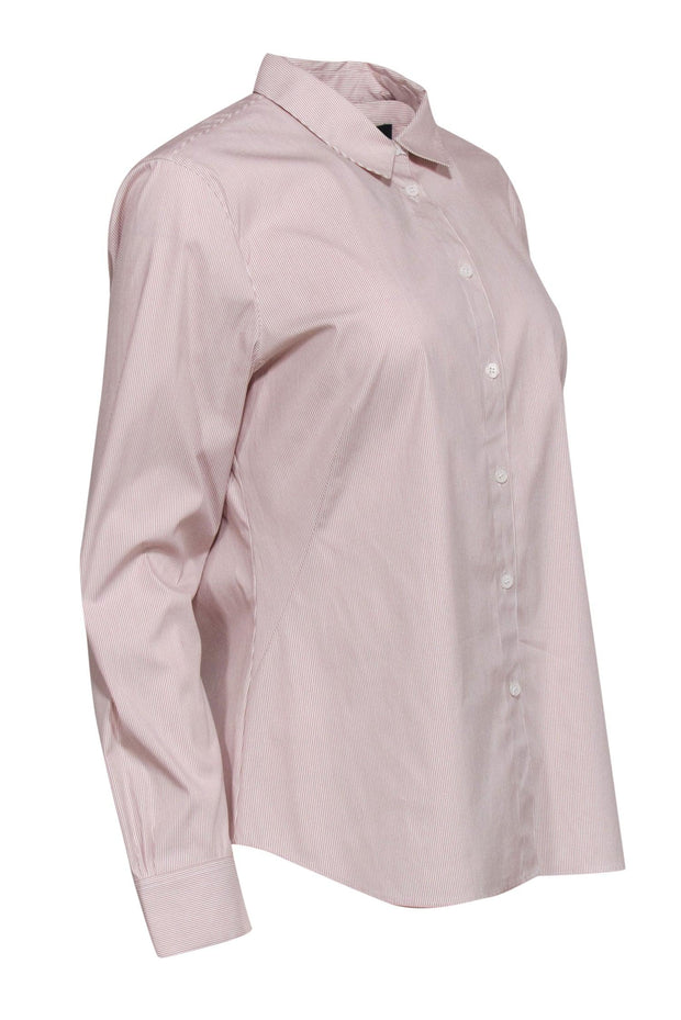 Current Boutique-Lafayette 148 - Beige & White Striped Button-Up Long Sleeve Blouse Sz 10