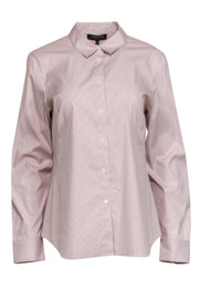 Current Boutique-Lafayette 148 - Beige & White Striped Button-Up Long Sleeve Blouse Sz 10