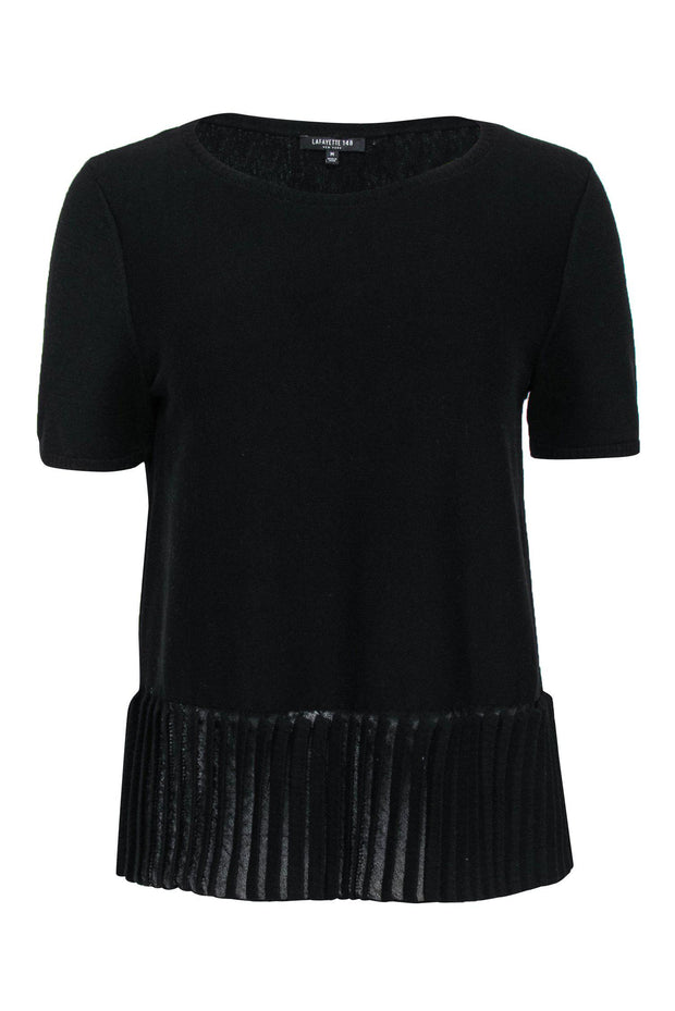 Current Boutique-Lafayette 148 - Black Knit Short Sleeve Sweater w/ Pleated Hem Sz M