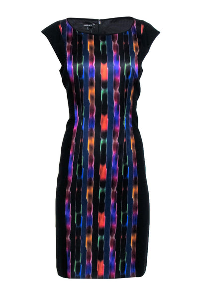 Current Boutique-Lafayette 148 - Black & Multi Striped Satin Sheath Dress Sz 10