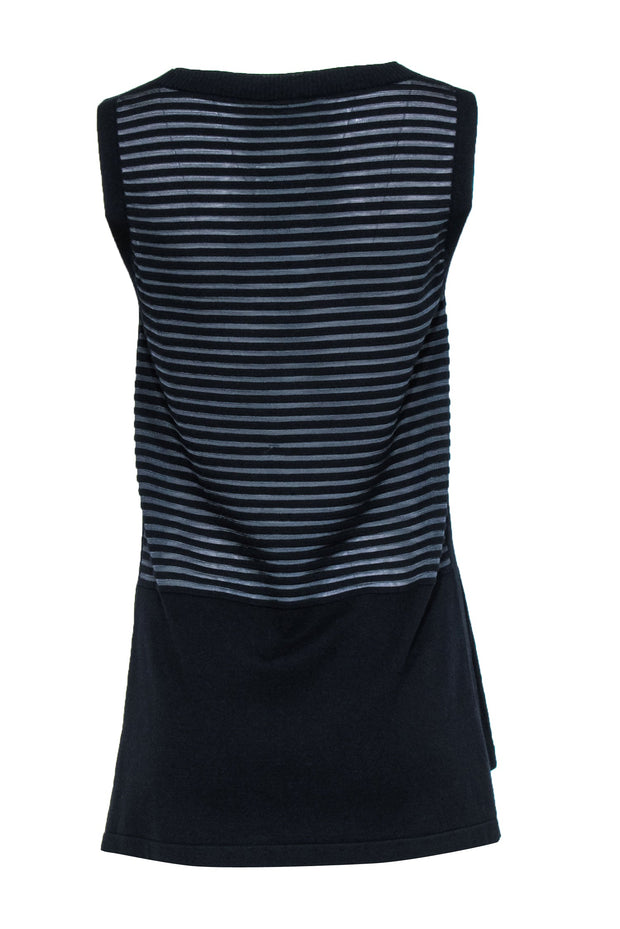 Current Boutique-Lafayette 148 - Black Ribbed Tank Top w/ Sheer Gray Stripes Sz S