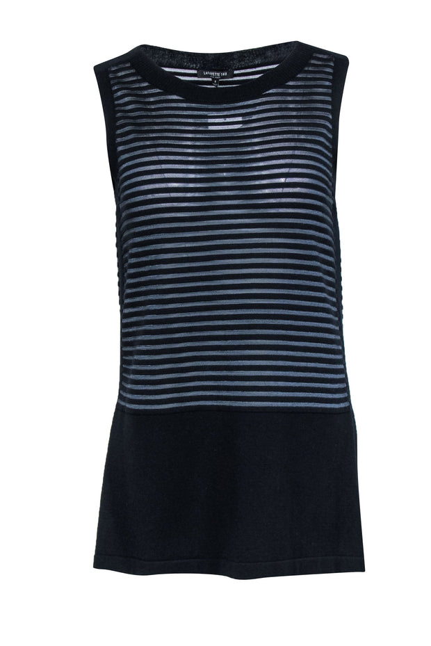 Current Boutique-Lafayette 148 - Black Ribbed Tank Top w/ Sheer Gray Stripes Sz S