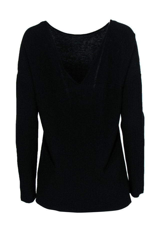 Current Boutique-Lafayette 148 - Black Ribbed V-Back Top Sz M