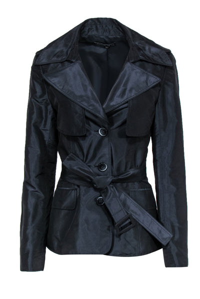 Current Boutique-Lafayette 148 - Black Wide Collar Trench Jacket w/ Belt Sz M