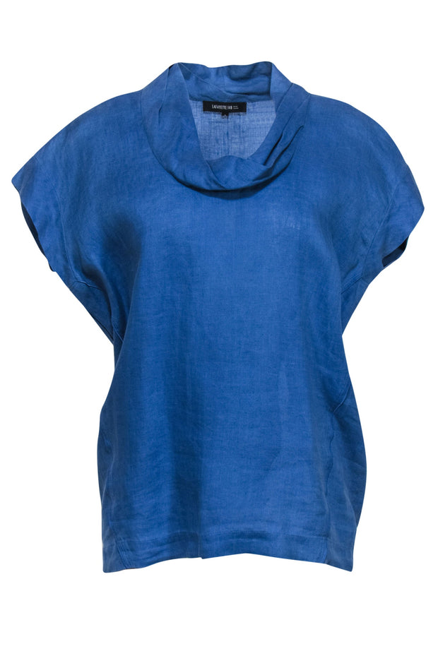 Current Boutique-Lafayette 148 - Blue Linen Short Sleeve Cowl Neck Top Sz S