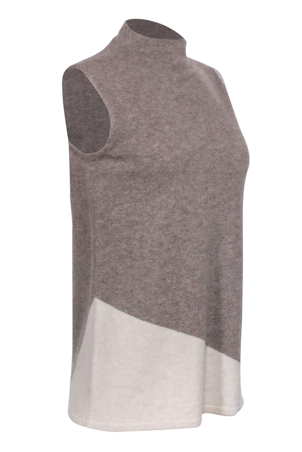 Current Boutique-Lafayette 148 - Brown, Beige, & Grey Sleeveless Mock Neck Cashmere Sweater Sz S