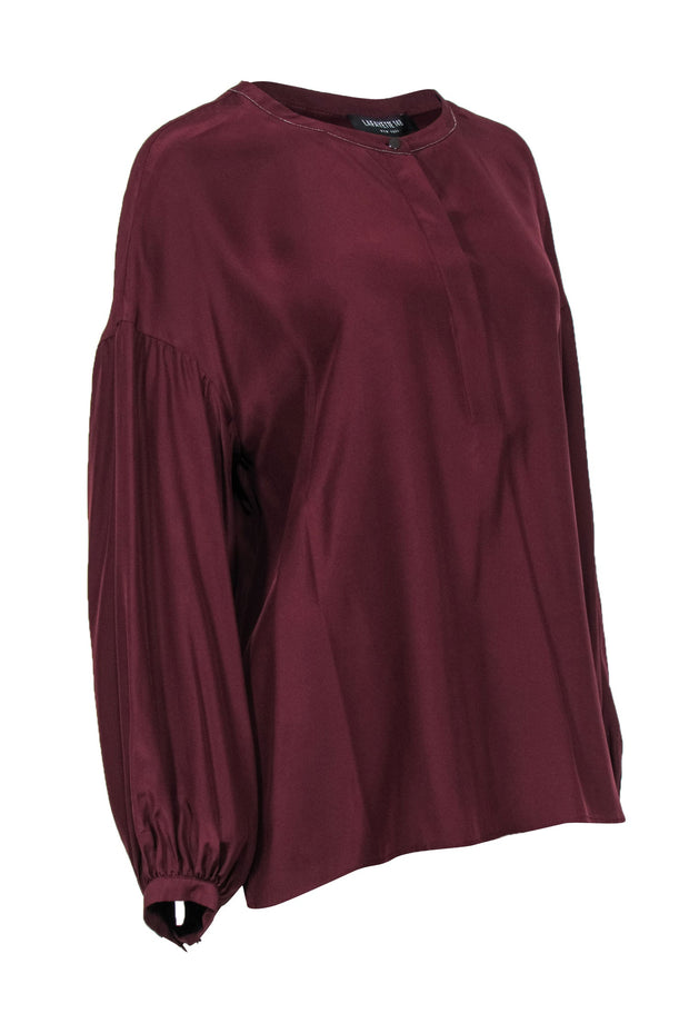 Current Boutique-Lafayette 148 - Burgundy Silk “Vino” Balloon Sleeve Blouse w/ Beading Sz L