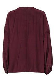 Current Boutique-Lafayette 148 - Burgundy Silk “Vino” Balloon Sleeve Blouse w/ Beading Sz L