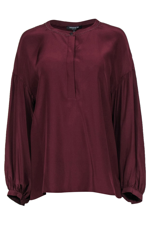 Current Boutique-Lafayette 148 - Burgundy Silk “Vino” Balloon Sleeve Blouse w/ Beading Sz L