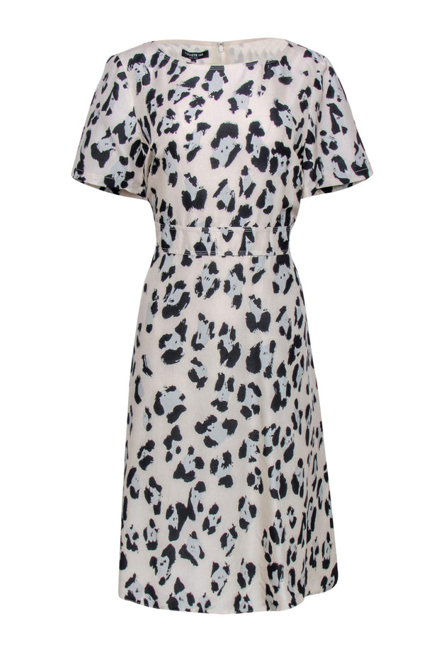 Current Boutique-Lafayette 148 - Cream, Black & Pale Blue Cheetah Print Silk Dress Sz 10