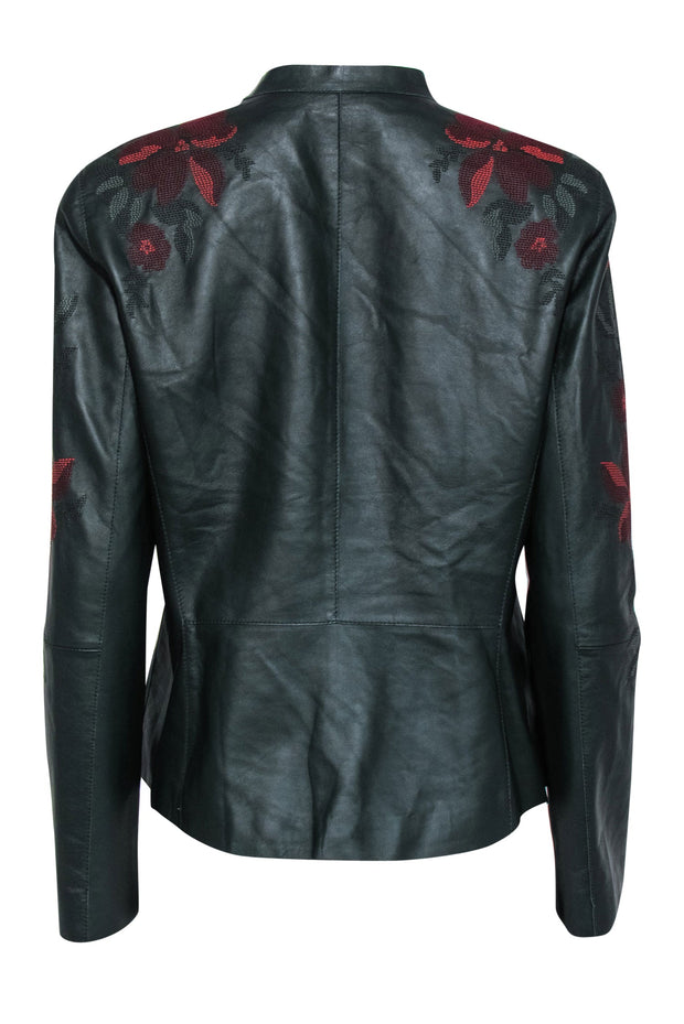 Current Boutique-Lafayette 148 - Forest Green Floral Embroidered Zip-Up Leather Jacket Sz 10