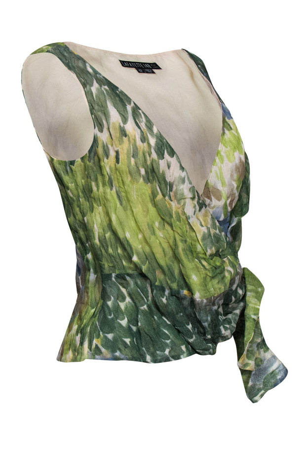 Current Boutique-Lafayette 148 - Green Cotton Blend Sleeveless Wrap Top Sz 12