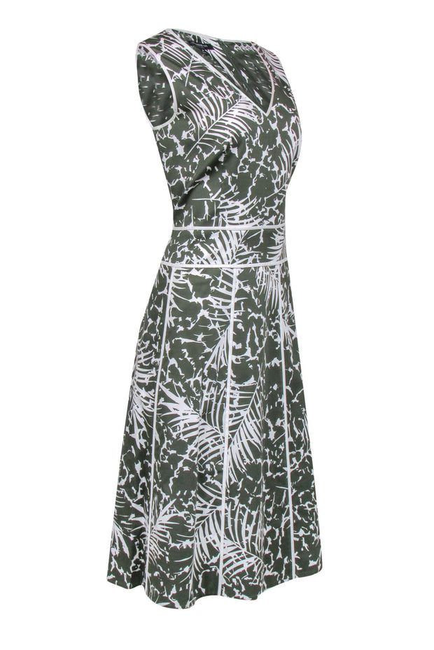 Current Boutique-Lafayette 148 - Green & White Leaf Print Sleeveless A-Line Dress Sz 10