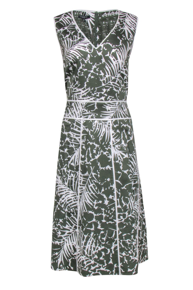 Current Boutique-Lafayette 148 - Green & White Leaf Print Sleeveless A-Line Dress Sz 10