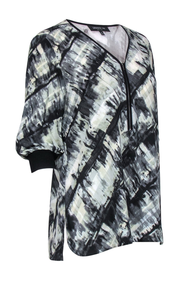 Current Boutique-Lafayette 148 - Grey & Black Paint Stroke Print Blouse Sz S