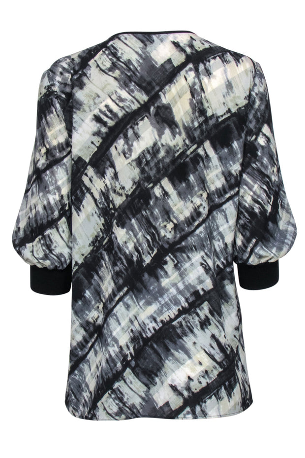 Current Boutique-Lafayette 148 - Grey & Black Paint Stroke Print Blouse Sz S