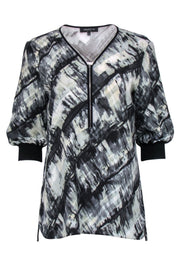 Current Boutique-Lafayette 148 - Grey & Black Paint Stroke Print Blouse Sz S